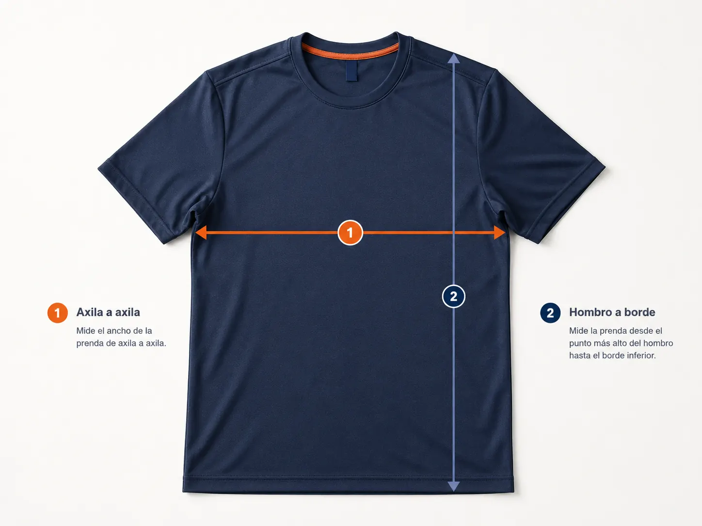 Playera extendida que muestra cómo medir de axila a axila y desde el hombro hasta el borde inferior