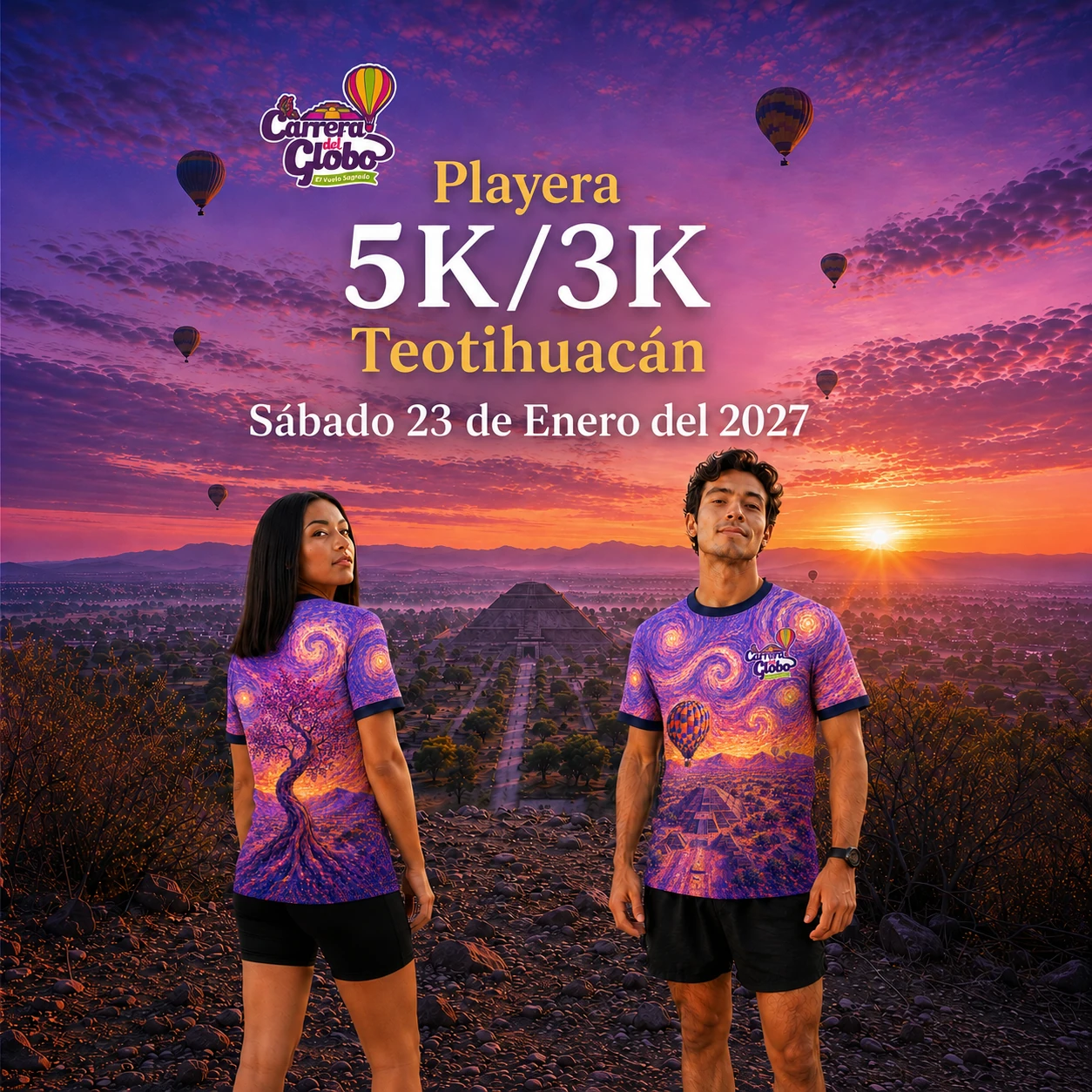 Corredores de la distancia 5K en la Carrera del Globo 2027 en Teotihuacán