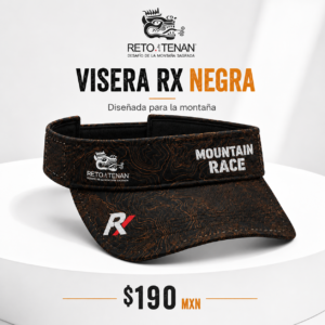 Visera Reto Tenan negra con diseño topográfico, imagen promocional con precio de $190 MXN