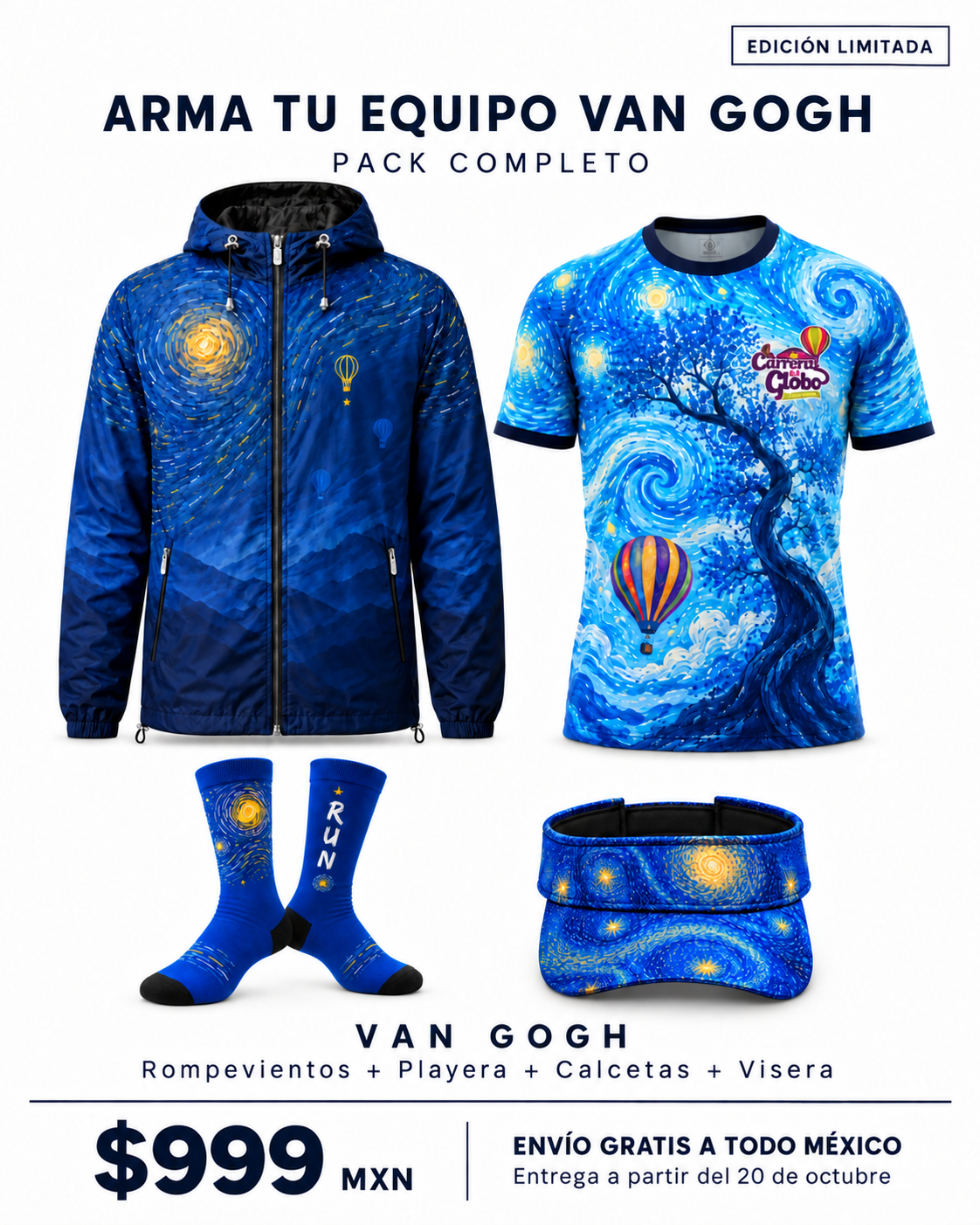 Pack Completo Van Gogh: rompevientos, playera, calcetas y visera; entrega a partir del 20 de octubre