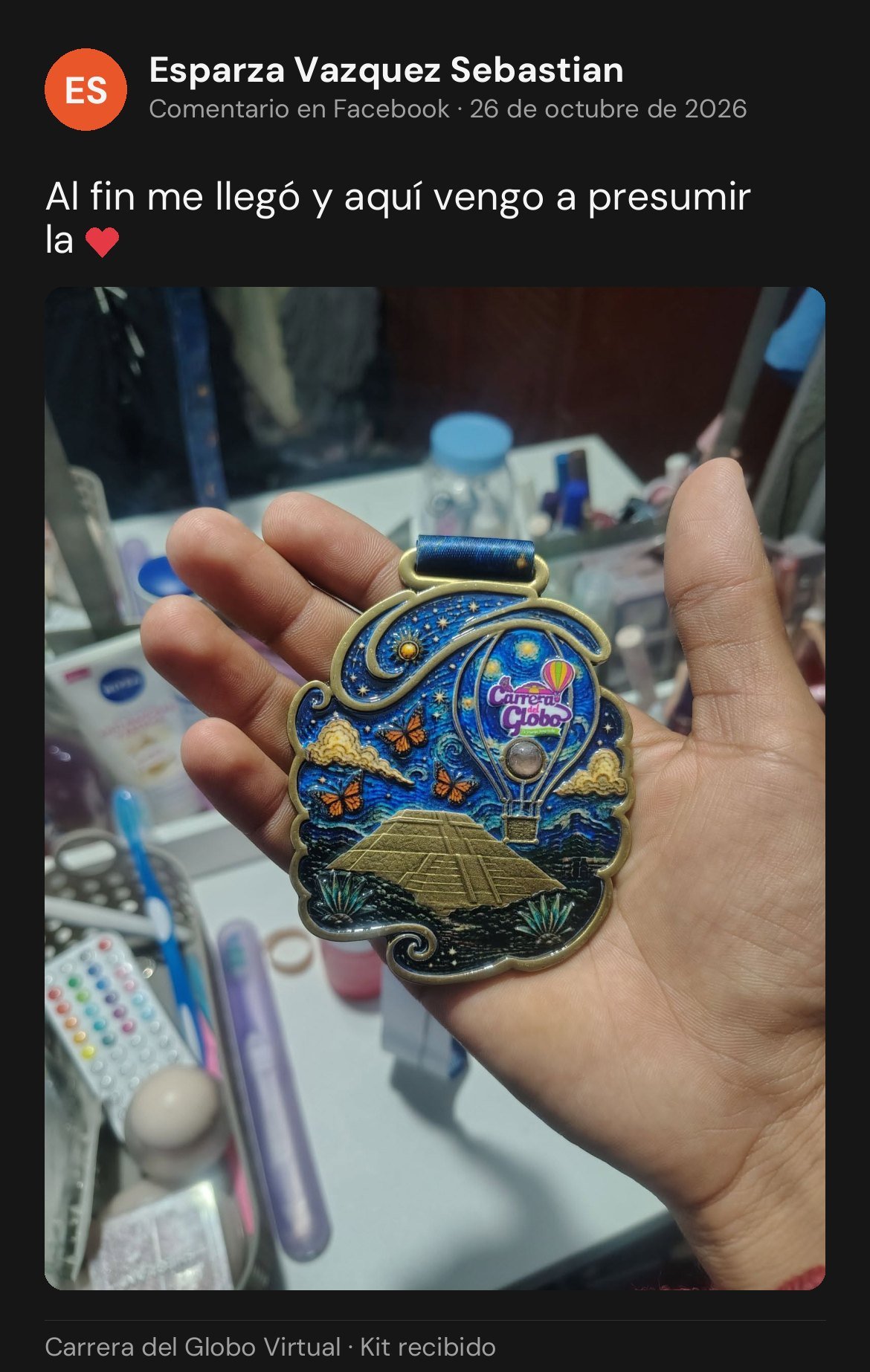 Reseña en Facebook de Esparza Vazquez Sebastian: recibió su medalla de la Carrera del Globo Virtual