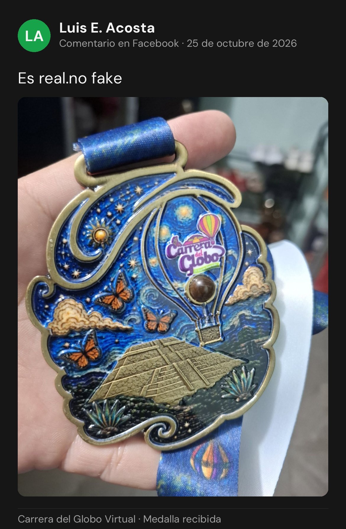 Reseña en Facebook de Luis E. Acosta: recibió su medalla de la Carrera del Globo Virtual