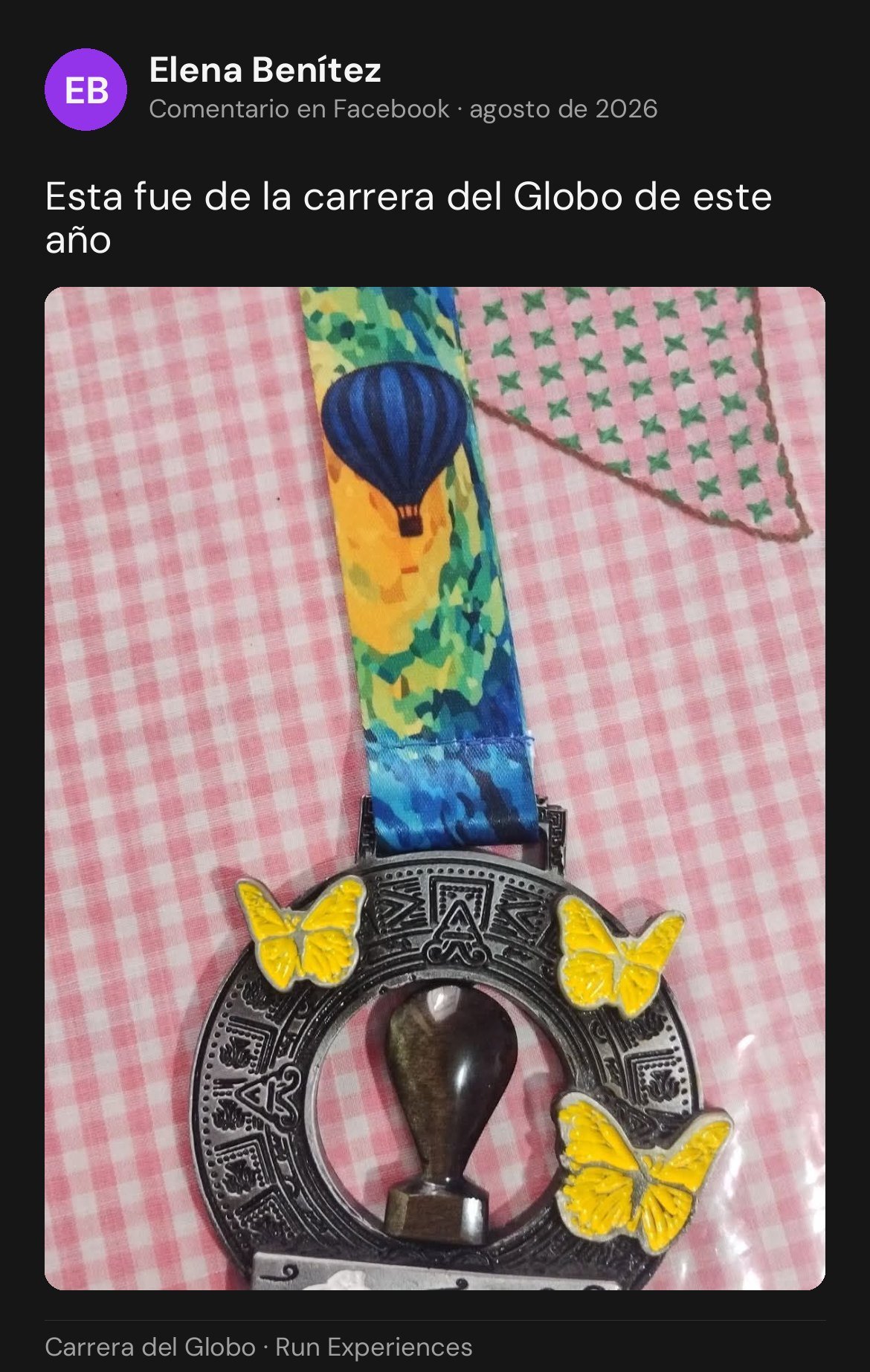 Reseña en Facebook de Elena Benítez: medalla de la Carrera del Globo