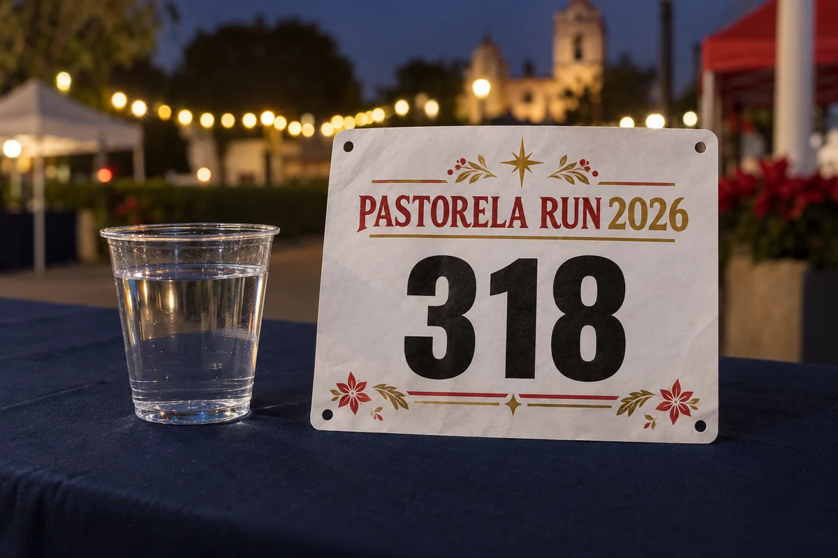 Vaso de agua junto al dorsal Pastorela Run 2026 con número 318