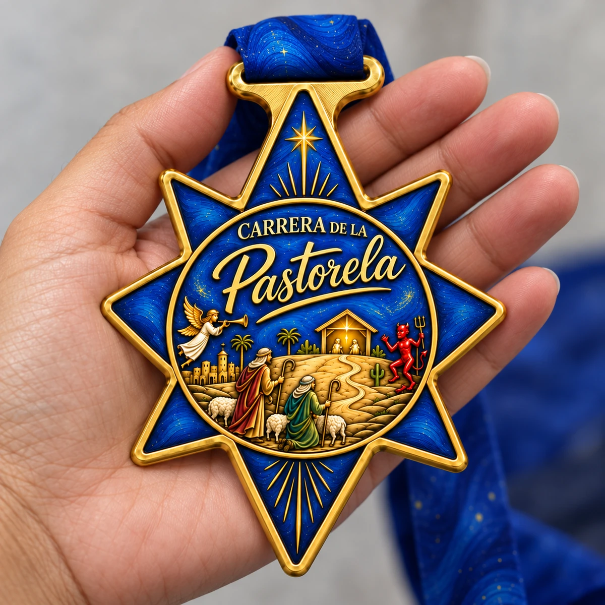 Detalle del frente de la medalla de Pastorela sostenida en una mano