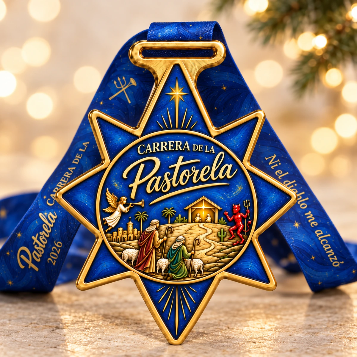 Medalla de Pastorela con listón azul y luces navideñas de fondo