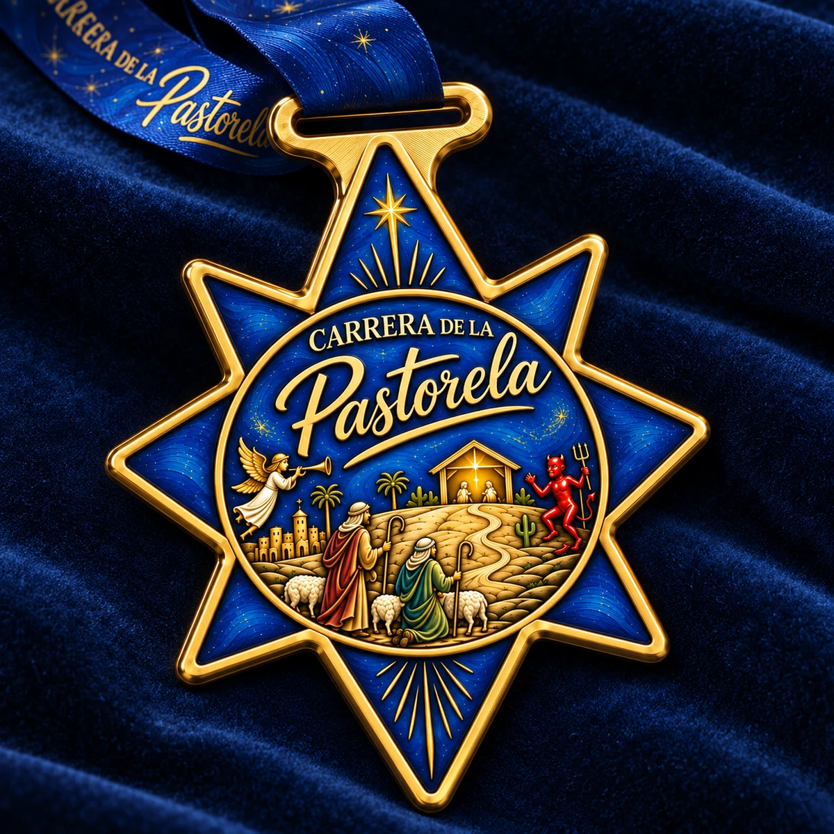 Medalla azul y dorada de Pastorela sobre terciopelo azul oscuro