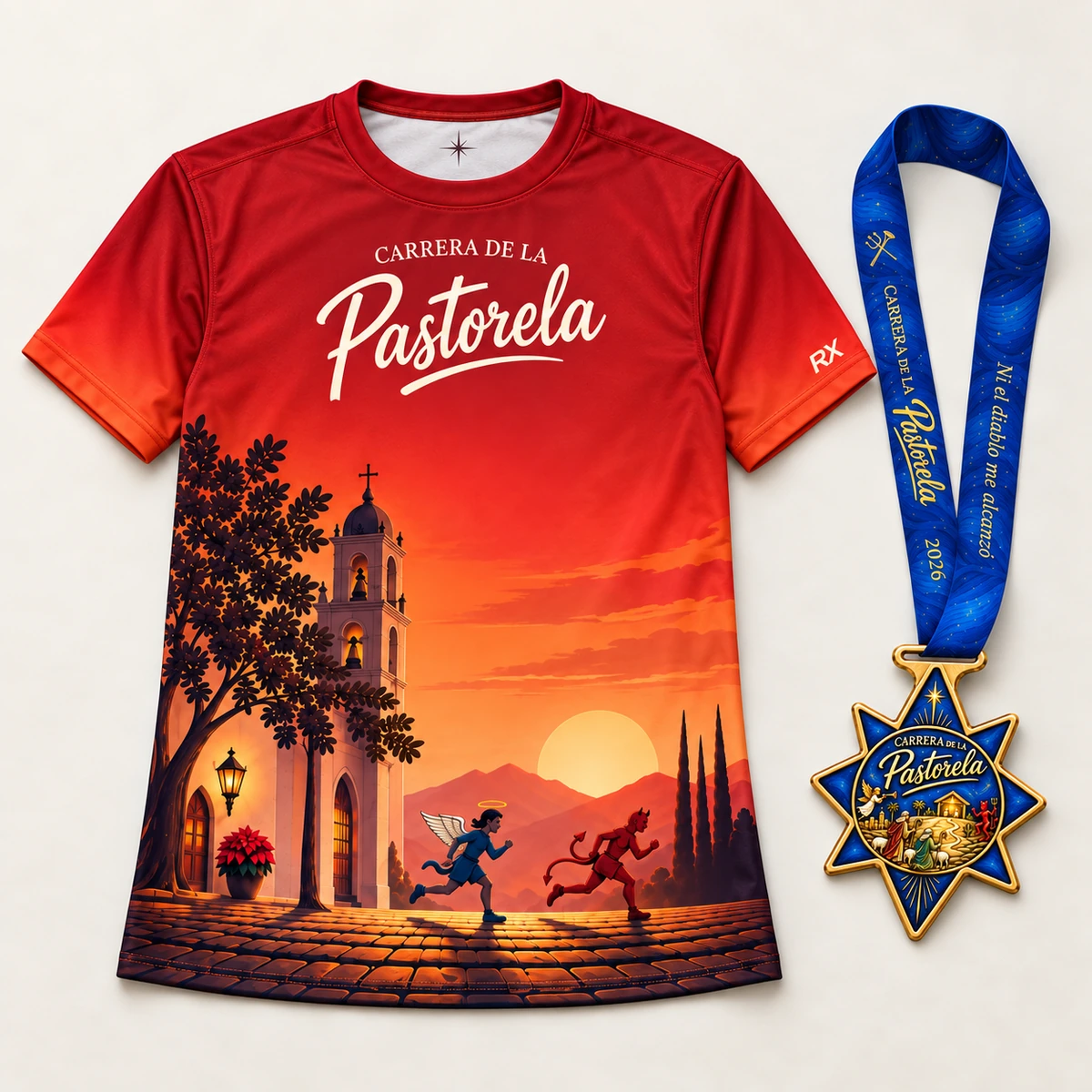 Playera roja oficial y medalla azul y dorada de la Carrera de la Pastorela 2026