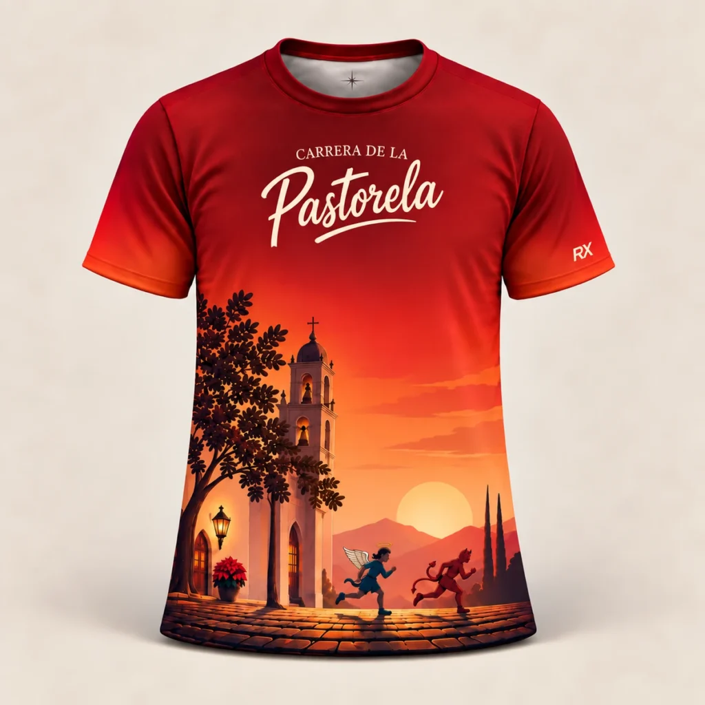 Frente de la playera roja oficial de la Carrera de la Pastorela 2026