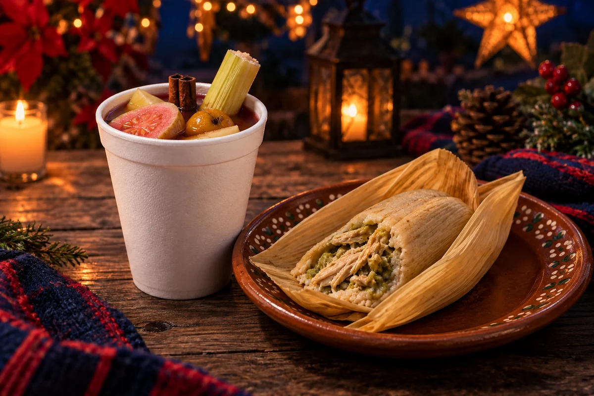 Vaso de ponche navideño y un tamal en hoja de maíz